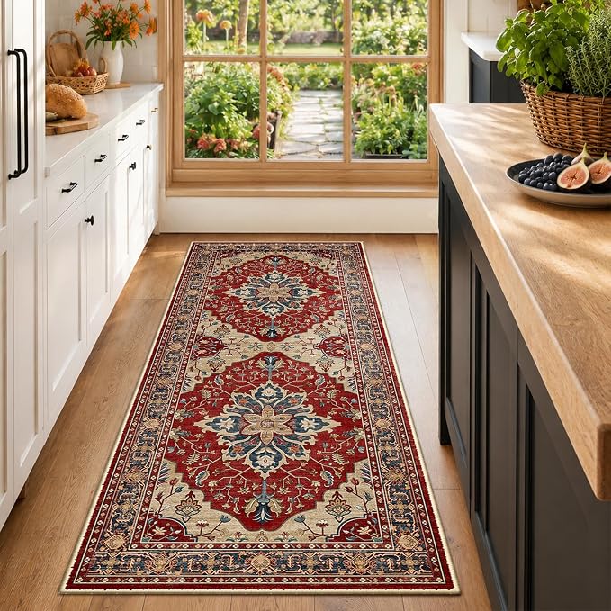 RELEANY Area Rugs Runner 2'x6' Washable Non-Slip, Floral Vintage Distress Medallion Carpet for Kitchen Hallway Bedroom Beside Laundry Room Bathroom, Red Blue