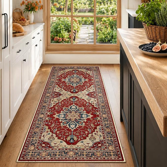 RELEANY Area Rugs Runner 2'x6' Washable Non-Slip, Floral Vintage Distress Medallion Carpet for Kitchen Hallway Bedroom Beside Laundry Room Bathroom, Red Blue