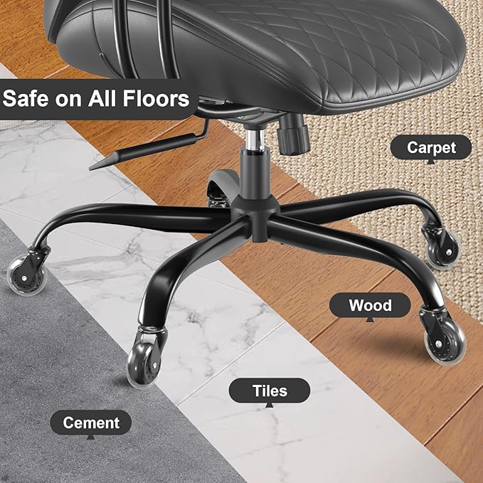 E-Ser Leather Desk Chair, Mid Century Modern Office Chair, Black | Lumbar Support, Ergonomic, 360° Swivel, Rubber Rolling Wheels, Adjustable Height, for Adults