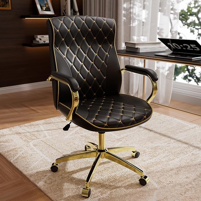 HomeZeer Black and Gold Office Chair, Luxury Leather Executive Desk Chair | Elegant Timeless Appeal, Vintage Mid Back Styling with Wheels and Padded Arms, Thick High Density Foam Comfort