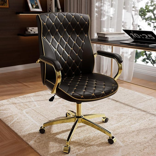 HomeZeer Black and Gold Office Chair, Luxury Leather Executive Desk Chair | Elegant Timeless Appeal, Vintage Mid Back Styling with Wheels and Padded Arms, Thick High Density Foam Comfort