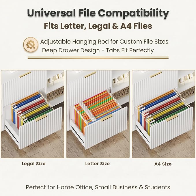 File Cabinet for Home Office, Fluted Filing Cabinet with 2 Drawers Fit Letter/Legal/A4 Folders with Tabs, Printer Stand with Lock & 2 Power Outlets, 6 Shelves (Set of 2, White)