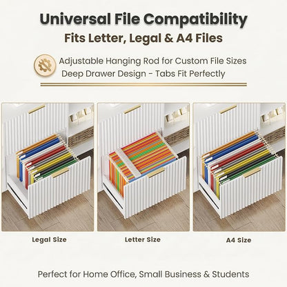 Filing Cabinet for Home Office, Fluted Wood File Cabinet with 2 Drawers Fit Letter/Legal/A4 Folders with Tabs, 43.3" W Printer Stand with Lock & 2 Power Outlets, 6 Storage Shelves (1, White)