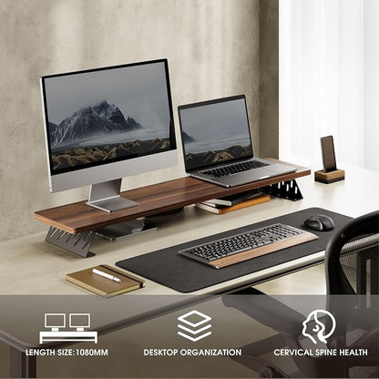 Fenge Dual Monitor Stand Riser, 42.5 Inch Desk Top Shelf for 2 Monitors, Computer Stands for Desk, Wood & Steel Desktop Riser for Laptop, PC, Printer