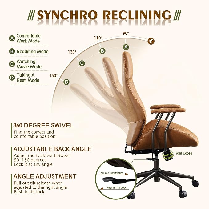 CAODOC High Back Office Chair,Modern Swivel Office Chair,Brown Suede Fabric Gaming Chair,Height Adjustable Home Office Desk Chair with Lumbar Support
