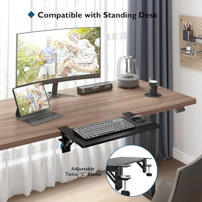 BONTEC Small Ergonomics Desk Extender Tray, 20x9.5 Inch Table Mount Arm Rest Shelf, 90° Foldable Keyboard Tray Platform, Clamp on Computer Arm Rest for Desk Suitable for Office Desks, Black Carbon