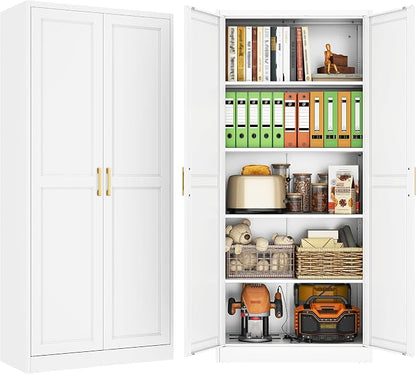 71" Metal Pantry Cabinet,Storage Cabinet with Doors and Shelves | Metal Storage Cabinet,Gold Handles,Adjustable Shelves,Magnetic Doors,Leveling Feet,Anti-tipping,for Kitchen/Garage White