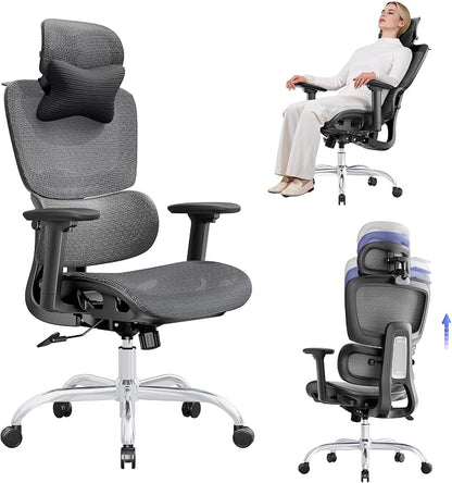 Ergonomic Office Chair with 3D Headrest, Computer Chair with Adjustable Backrest & 3D Armrest, Gaming Chair with Adaptive Lumbar Support, Mesh Backrest & Cushion, Black