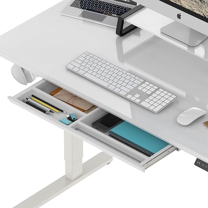 SHW 48x24 Glass Electric Height Adjustable Standing Desk – Motorized Sit Stand Desk with Monitor Riser, Pull-Out Drawer, Memory Presets, White