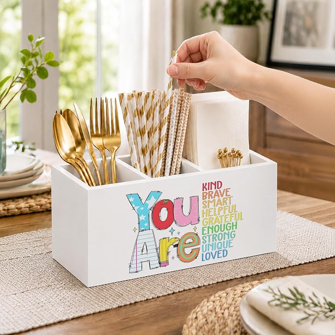 Boho Inspirational Pen Holder for Desk, You Are Kind Motivational Quotes Wooden Box Sign Desk Decor for Classroom Kids Room Home Office Decoration, Colorful Positive Pencil Organizer