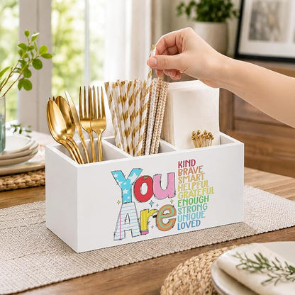 Boho Inspirational Pen Holder for Desk, You Are Kind Motivational Quotes Wooden Box Sign Desk Decor for Classroom Kids Room Home Office Decoration, Colorful Positive Pencil Organizer