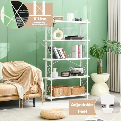 HCHQHS Bookshelf, 5-Tier Industrial Bookcase, White Open Book Shelf, Freestanding Tall Bookshelves with Metal Frame