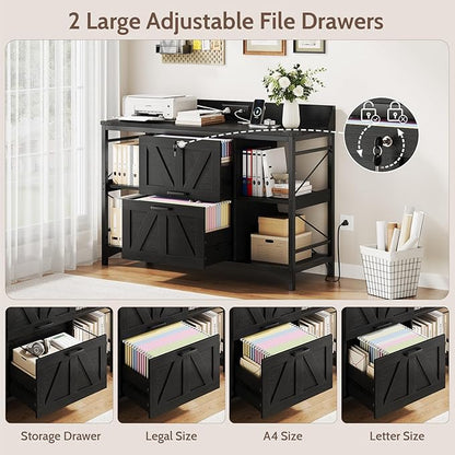 44" File Cabinet, Lateral Filing Cabinet for Home Office with 2 Drawers, Office Storage Cabinet with Lock and Key, Wooden Printer Stand with 4 Storage Shelves and Power Outlet, Office Furniture, Black