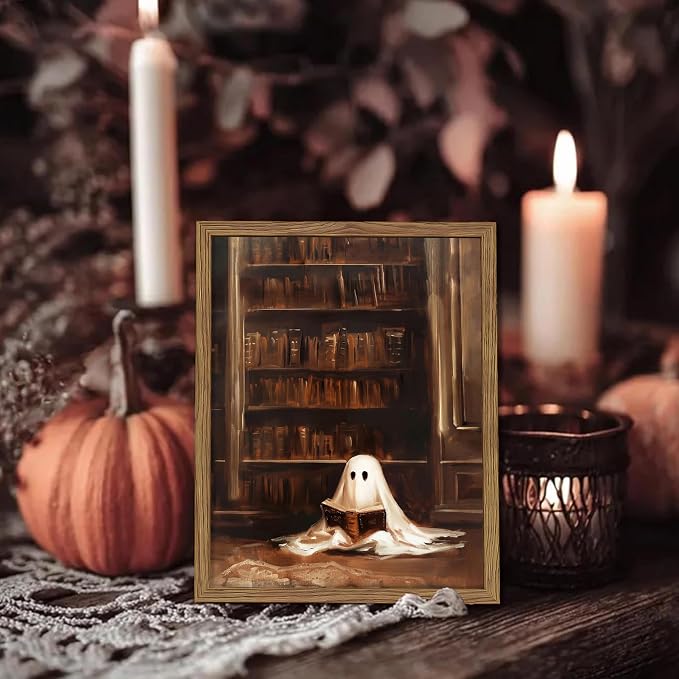 Framed Vintage Library Ghost Wall Art - Ghost Reading Canvas Print Halloween Decor, Gothic Victorian Dark Academia Halloween Wall Decor for Bedroom Office 8x10 inch Wood Frame