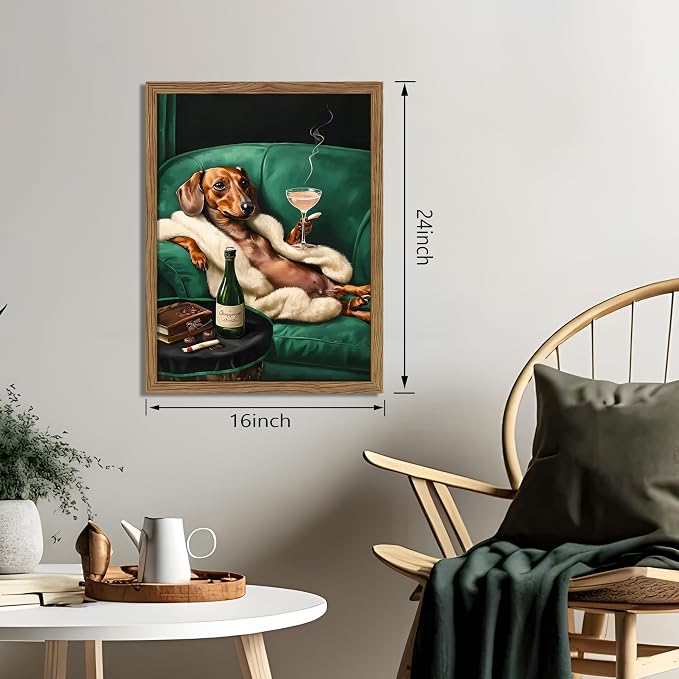 Framed Funny Dachshund Wall Art, Playful Dog Canvas Print with Martini and Cigar, Humorous Animal Poster, Abstract Dog Wall Decor for Living Room Bedroom, Gift for Pet Lovers 16x24 inch