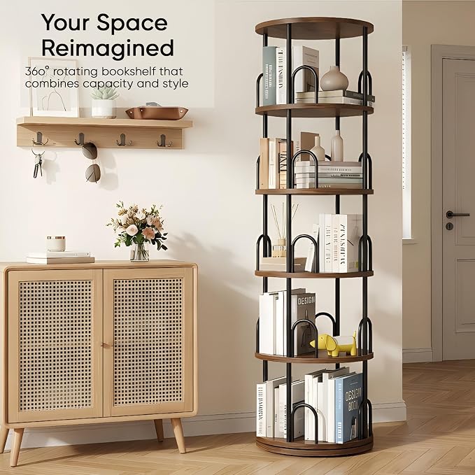 5 Tier Rotating Bookshelf, Corner Wooden, Metal Skinny Bookshelf for Toy Lego Dispaly Book Shelf Room Storage Organizer Furniture Black Tall Bookcase for Bedroom Living Room Office Kitchen Shelf