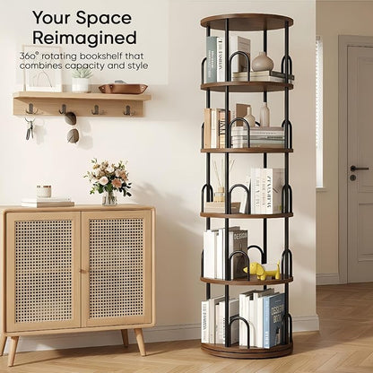 5 Tier Rotating Bookshelf, Corner Wooden, Metal Skinny Bookshelf for Toy Lego Dispaly Book Shelf Room Storage Organizer Furniture Black Tall Bookcase for Bedroom Living Room Office Kitchen Shelf