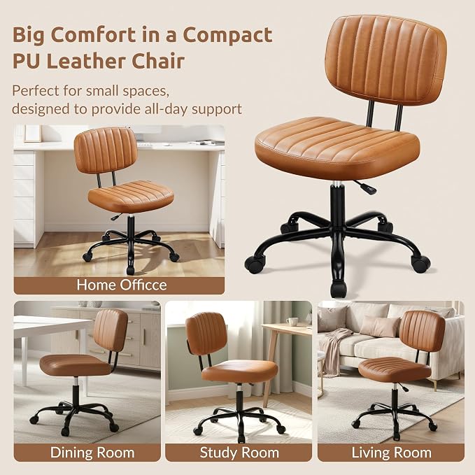 Swivel Rolling Office Chair, Armless Pu Leather Vanity Chair with Back Lumbar Support Height Adjustable Computer Chair, Small Desk Chair for Home Office, Brown