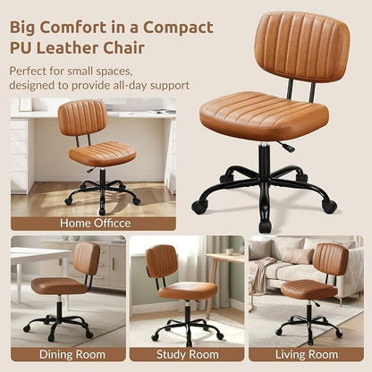 Swivel Rolling Office Chair, Armless Pu Leather Vanity Chair with Back Lumbar Support Height Adjustable Computer Chair, Small Desk Chair for Home Office, Brown