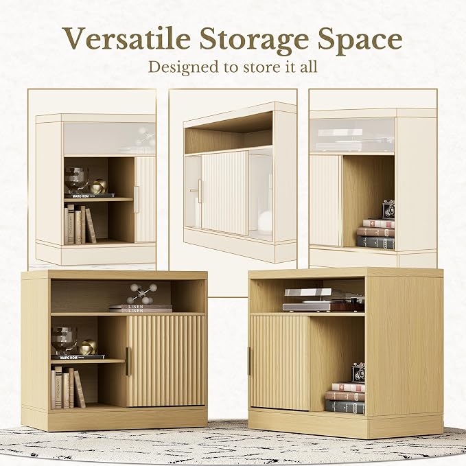 File Cabinet with Sliding Door, 32'' Fluted File Cabinet with Open Adjustable Shelves, Wood Filing Cabinet for Home Office, Light Walnut