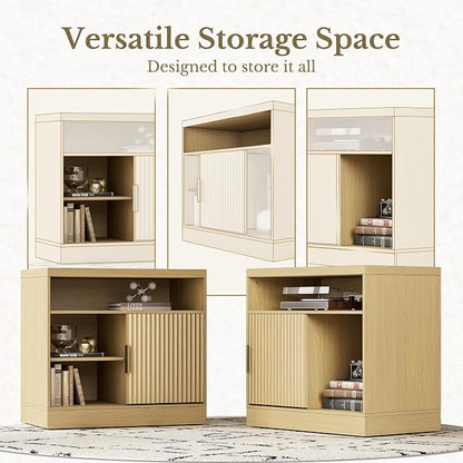 File Cabinet with Sliding Door, 32'' Fluted File Cabinet with Open Adjustable Shelves, Wood Filing Cabinet for Home Office, Light Walnut