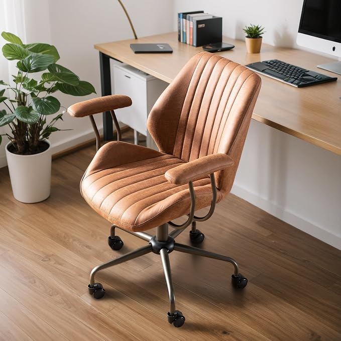 Mid Century Modren Office Chair - Fuax Leather Suede Brown Executive Chairs Ergonomic Mid Back with Lumbar Support, Swivel Computer Desk Task Chair with Wheels for Home Office (Brown, Mid Back)
