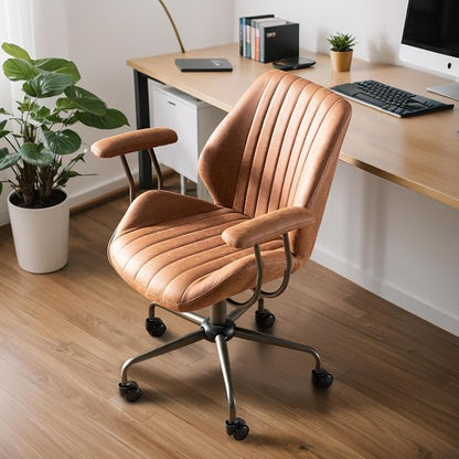 Mid Century Modren Office Chair - Fuax Leather Suede Brown Executive Chairs Ergonomic Mid Back with Lumbar Support, Swivel Computer Desk Task Chair with Wheels for Home Office (Brown, Mid Back)