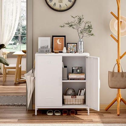 Steehoom Metal Cabinet with 2 Door and Adjustable Shelf, Metal Locker Horizontal White Storage Cabinet for Home, Office, School, Entryway, Garage (White, H35.43'')