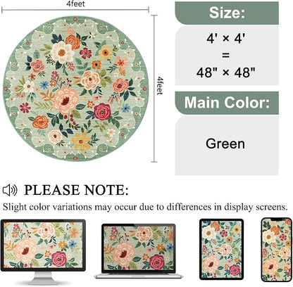 DUKINO Floral Round Rug, 4ft Washable Round Area Rug, Non Slip Indoor Low Pile Circle Rug, Soft Small Boho Design Circle Rug for Bedroom, Entryway, Living Room, Dining Room, Green