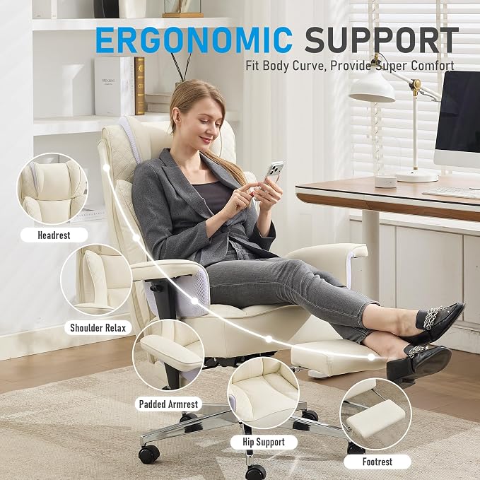 Big and Tall Office Chair, Leather Executive Ergonomic Desk Chair with Footrest, Comfy High-Back Computer Reclining Chairs with Lumbar Support (Beige)