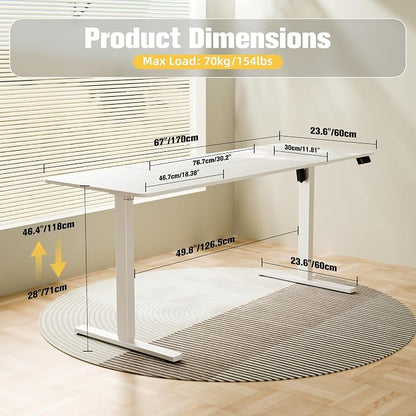 ERGOMAKER Electric Standing Desk, 67" x 23.6" Height Adjustable Sit Stand Desk with Splice Board for Home Office, Computer Table Memory Preset (White Frame, White Desktop)