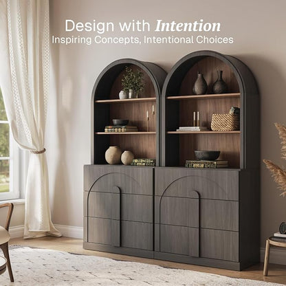 BELLEZE Set of 2 71" Tall Storage Cabinet with 3 Drawers, Wooden Sideboard Buffet Cabinet with Hutch for Pantry and Kitchen Organizing, 5-Tier Modern Storage Unit for Living Room Home Office, Ebony