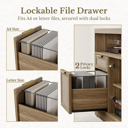 2 Drawer Rattan File Cabinet, 32'' Lateral File Cabinet with Lock and AC/USB for Letter/A4 Size, Wood Filing Cabinet with Storage Shelves for Home Office, Natural Oak