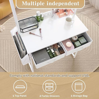KATHY&BOB Small Home Office Study Desk - Freestanding Arched Design with Fabric Drawers & Side Bag - Modern Vanity Makeup Desk - Open Shelf & Computer Gaming Station (White)