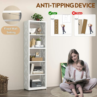 UNICOLY Bookshelves and Bookcases, 5 Tier Metal Bookshelf with Adjustable Shelves and Bookends, Open Shelf Bookcase, Display Shelves for Home Decor Bedroom, Living Room, Home Office, White