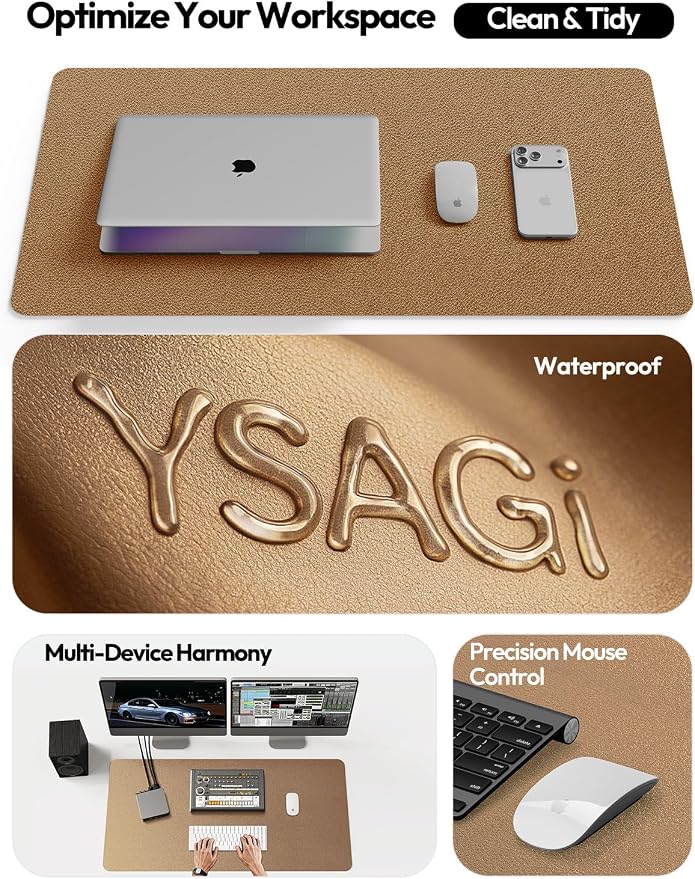 YSAGi Leather Desk Protector, Office Mat, Large Mouse Mat, Non-Slip PU Leather Blotter, Laptop Desk Mat, Waterproof Writing Pad for Office and Home(Shiny Bronze, 63" x 24")