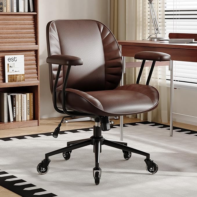 BFZ Home Office Desk Chair, Adjustable Comfy Office Chair with Wheels,Leather Office Chair with Removable Armrests, Office Desk Chair with Lumbar Support for Home Office or Workspace, Dark Brown