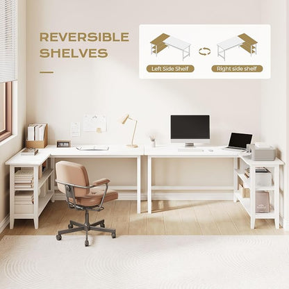 IOTXY Reversible L-Shaped Office Desk - 53" Modern Corner Computer Table with Storage Shelves, Solid Wood Legs, Home Writing & Study Workstation, White
