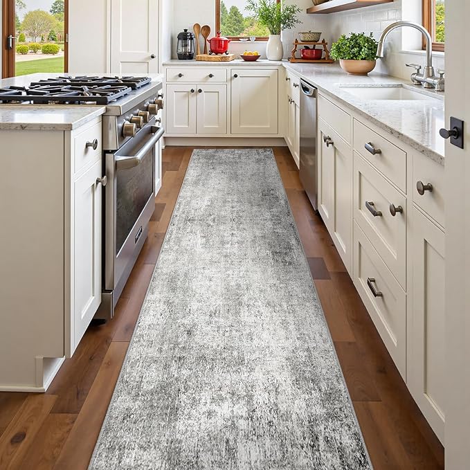 RELEANY Washable Area Rugs 2'x10' Non-Slip Modern Abstract Soft for Living Room Entryway Bedroom Kitchen, Print Pattern, Gray White Grey