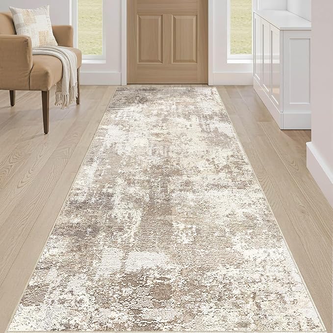 Runner Rug Kitchen Washable Rugs: 2x5 Non-Slip Abstract Soft Modern Stain Resistant Indoor Floor Neutral Accent Throw Carpet for Hallway Bathroom Laundry Room Entryway Bedroom- Beige Brown