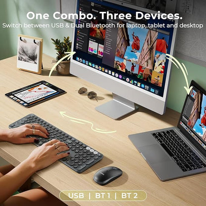 seenda Wireless Bluetooth Keyboard Mouse Combo, COE202 Retro Cute Round Keyboard, Silent Mouse, 3 Multi-Device Connection, Full Size Compatible for PC/Laptop/Mac/MacBook/iPad/Tablet, Black
