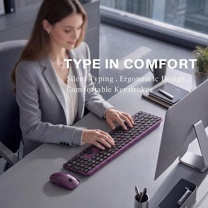 MPTOG Wireless Keyboard and Mouse Combo, Retro Round Typewriter Keys, 2.4G Silent Connection with Number Pad, Ergonomic Aesthetic Desk Set for Home Office, Laptop, PC, Mac (Black Wine Red)