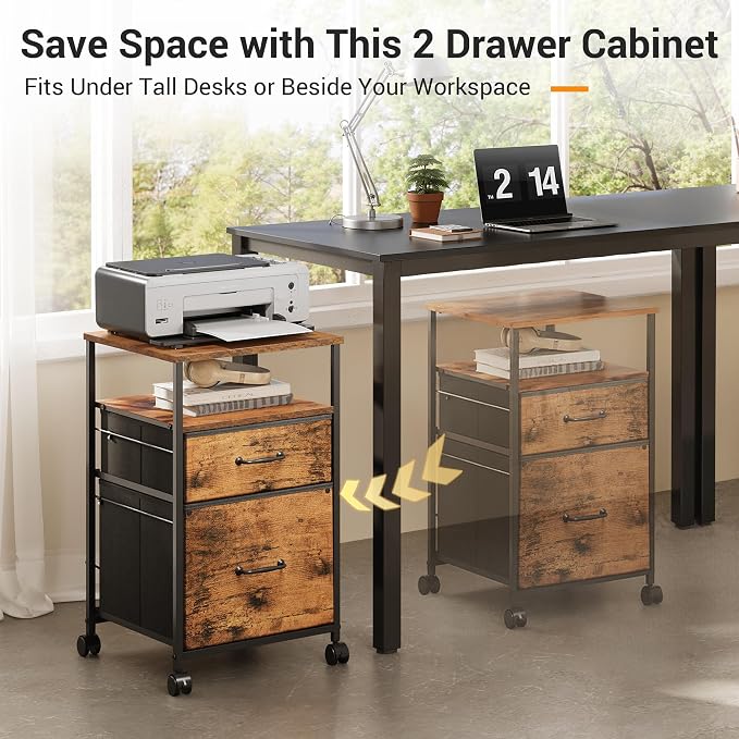 DEVAISE 2 Drawer Mobile File Cabinet, Rolling Printer Stand with Open Storage Shelf, Fabric Vertical Filing Cabinet fits A4 or Letter Size for Home Office, Rustic Brown Wood Grain Print