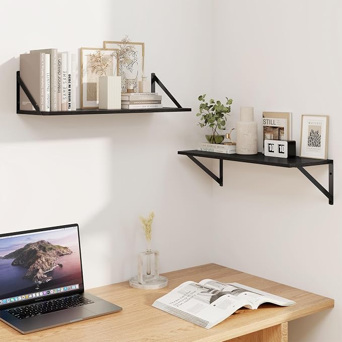 Heimlove Black Deep Floating Shelves for Wall, 24W x 8D Wood Wall Shelves Set of 2, Wide Floating Bookshelf for Living Room, Kitchen, Office, Bedroom and Decor Storage, with Metal Bracket - Black