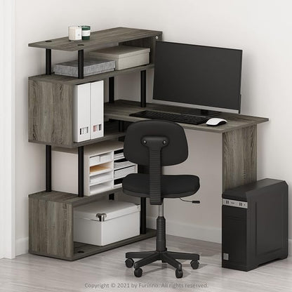 Furinno Classic Desk, 40" Wide L-Shape Gaming Desk, Computer Desk, Writing Desk with 5-Tier S-Shaped Side Shelves for Home Office, Study Room, Dorm, Bedroom, French Oak