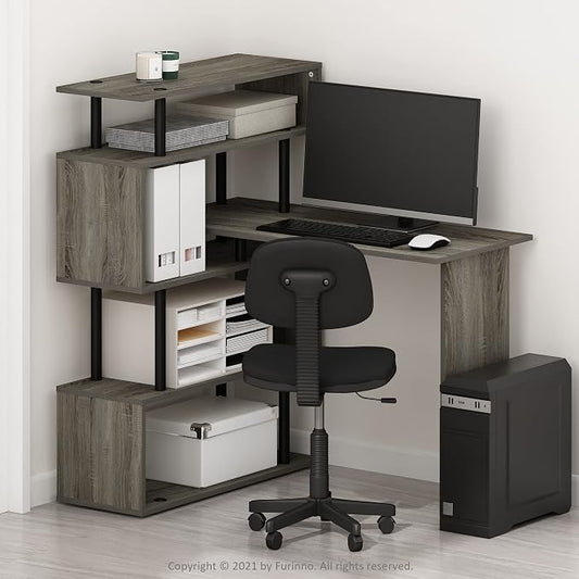 Furinno Classic Desk, 40" Wide L-Shape Gaming Desk, Computer Desk, Writing Desk with 5-Tier S-Shaped Side Shelves for Home Office, Study Room, Dorm, Bedroom, French Oak
