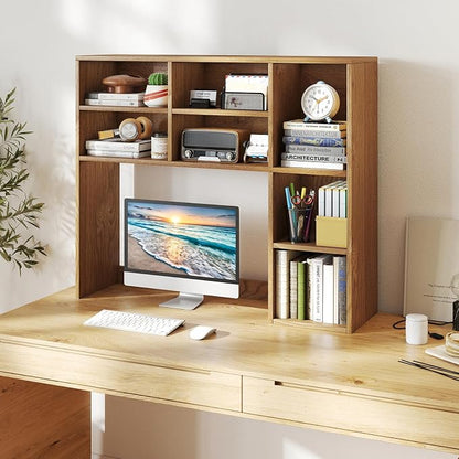 Giantex Desktop Bookshelf, Desk Hutch Dorm w/ 7 Cubes & 3 Adjustable Shelves, Desk Shelf for Up to 27" Computer Monitors, Wooden Desktop Storage Organizer for Dorm College Office Homem, Natural