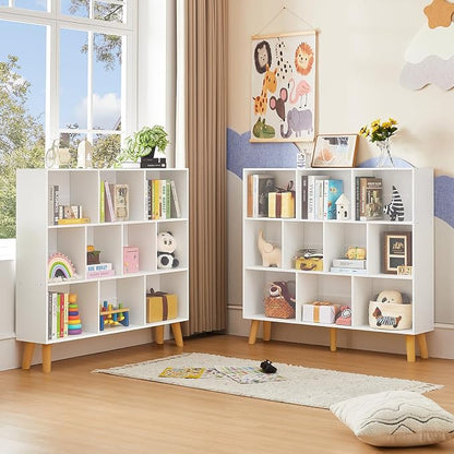 LEYAOYAO 10 Cube Bookshelf,3 Tier Modern Wide Bookcase with Legs,Mid-Century Wood Bookshelves Storage,White Large Book Case,Freestanding Organizer Display Shelf for Bedroom,Living Room,Office