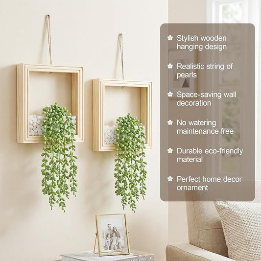 2 Pack Fake Plants Hanging, Artificial Succulents Plants in Square Wooden Frame with Glow Accents, Boho Wall Decor for Office Living Room Bathroom Bedroom Kitchen Indoor Outdoor, Natural Wood