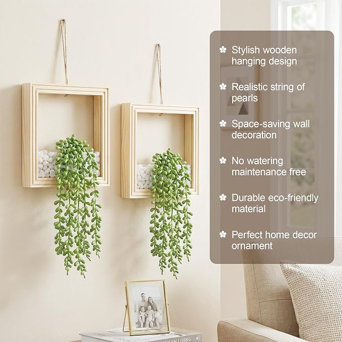 2 Pack Fake Plants Hanging, Artificial Succulents Plants in Square Wooden Frame with Glow Accents, Boho Wall Decor for Office Living Room Bathroom Bedroom Kitchen Indoor Outdoor, Natural Wood